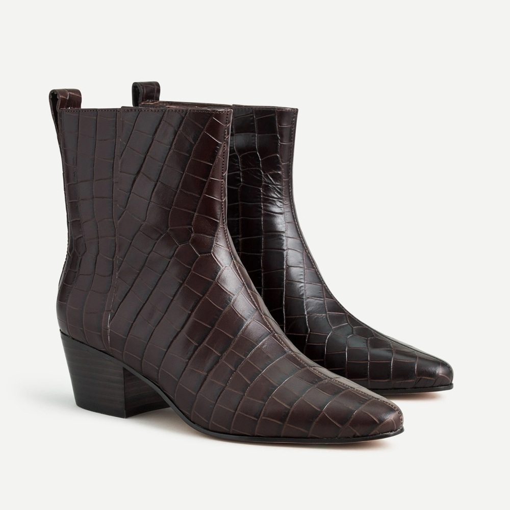 J. CREW AZ768 BROWN CROC EMBOSSED LEATHER WESTERN STYLE ANKLE BOOTS